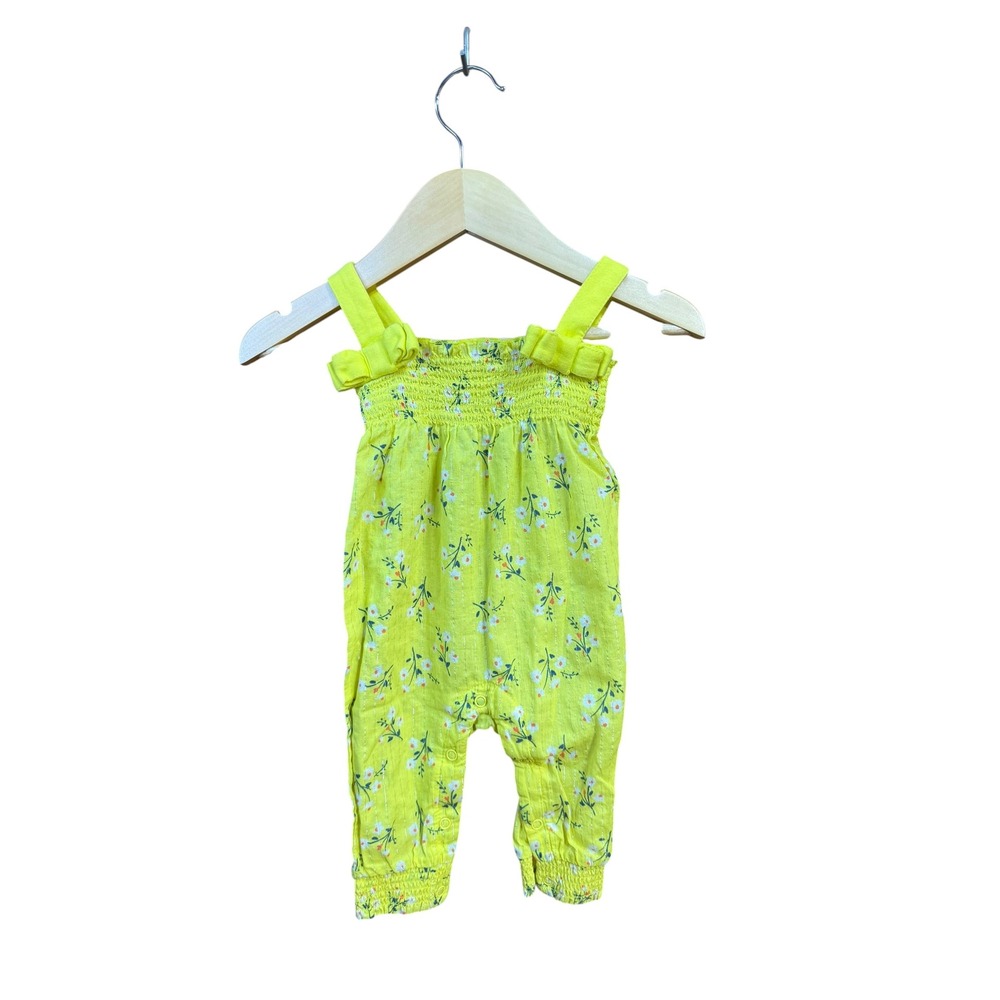 Emily and Oliver Baby Girl 0-3M Yellow Floral Smocked Romper Jumpsuit Metallic